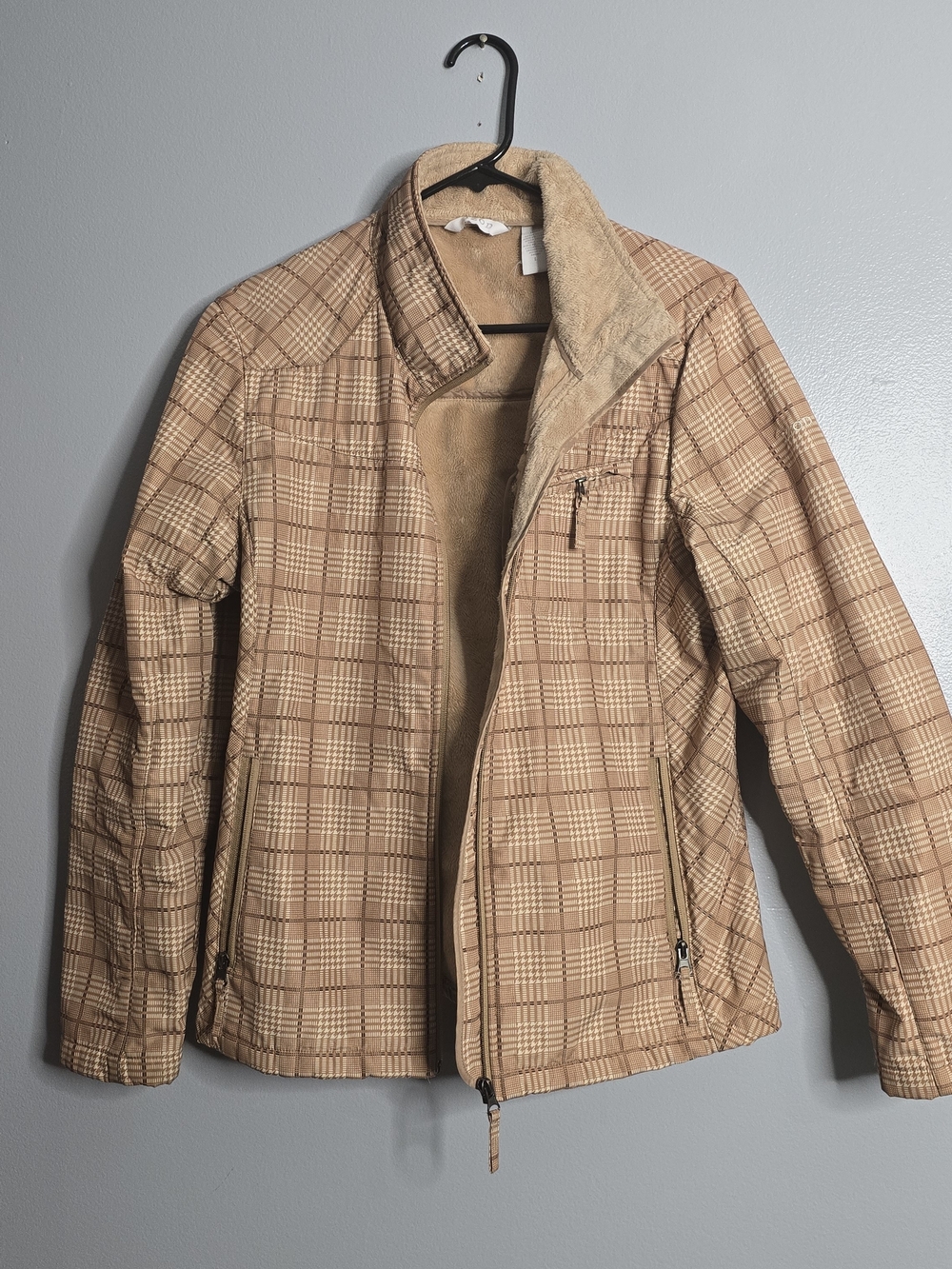 Vintage IZOD Tan Glen Plaid Faux-Fur Lined Zip Jacket